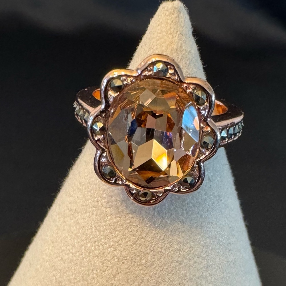 4ct Crystal Morganite Halo Ring Marcasite 18k Rose Gold Plated Statement Size 7